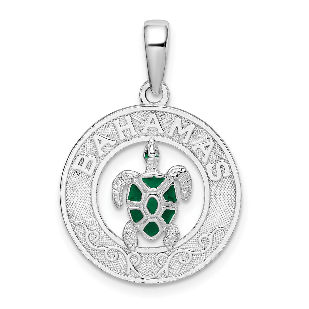 Sterling Silver Polished Enameled Bahamas Circle w/Turtle Pendant