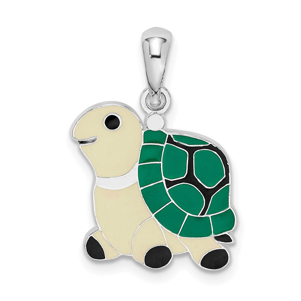 Sterling Silver Polished Enameled Green Turtle Pendant
