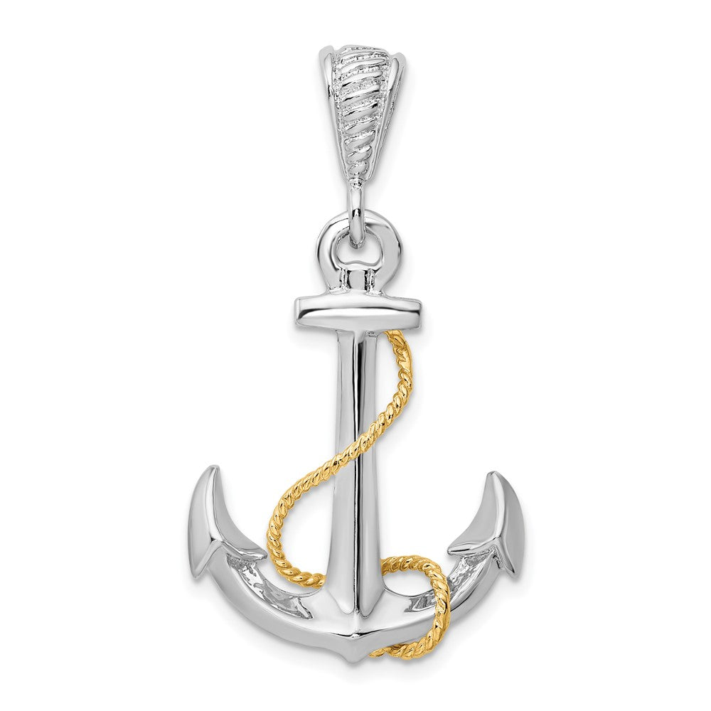 Sterling Silver Polished 3D Anchor w/14k Rope Pendant
