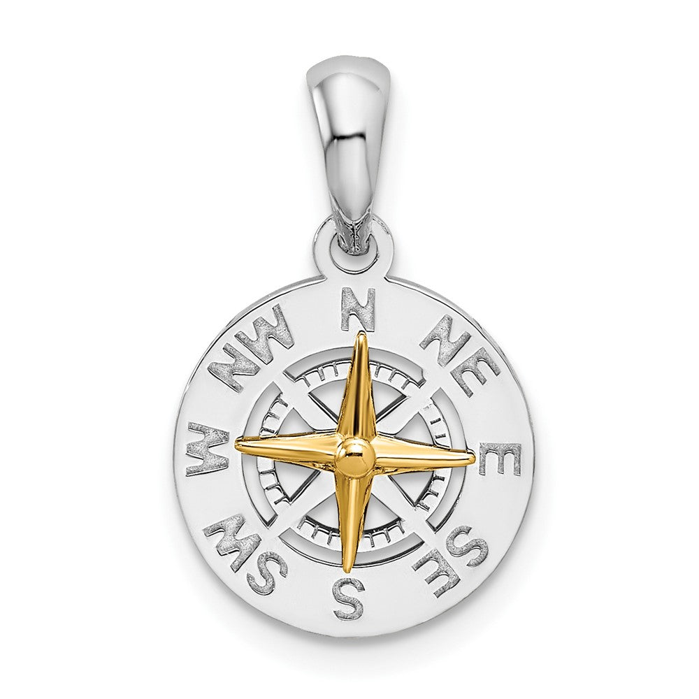 Sterling Silver Polished Mini Compass w/14k Needle Pendant