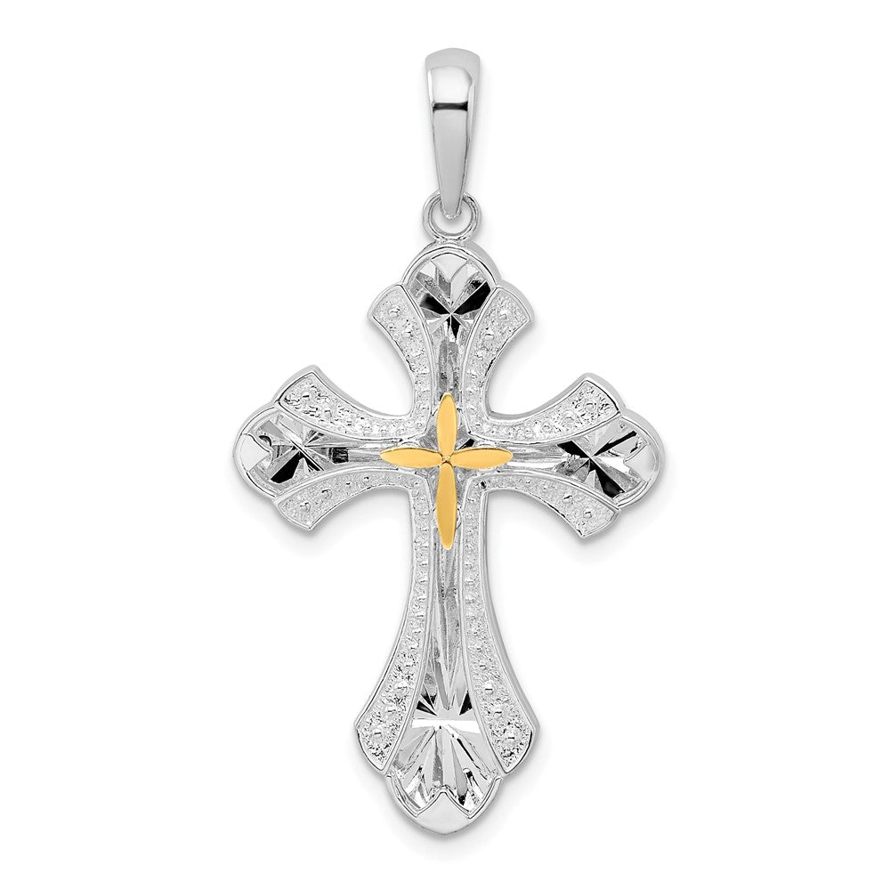 Sterling Silver Diamond-cut Budded Cross w/14k Accent  Pendant