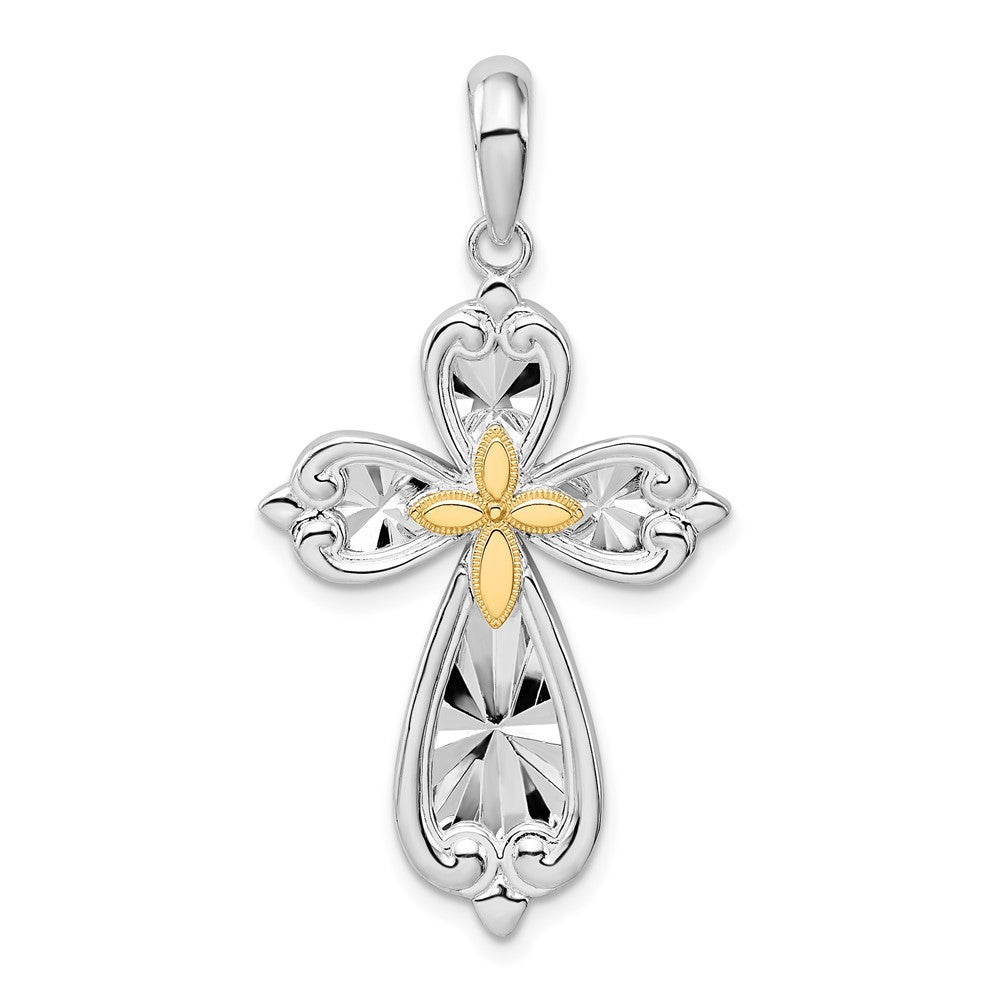 Sterling Silver Diamond-cut Rounded Cross w/14k Accent Pendant