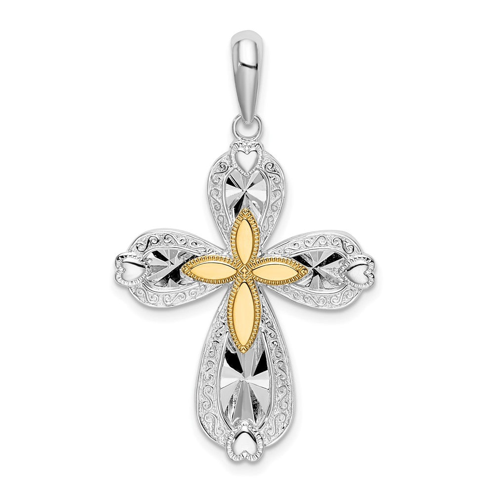 Sterling Silver Diamond-cut Heart Cross w/14k Accent Pendant