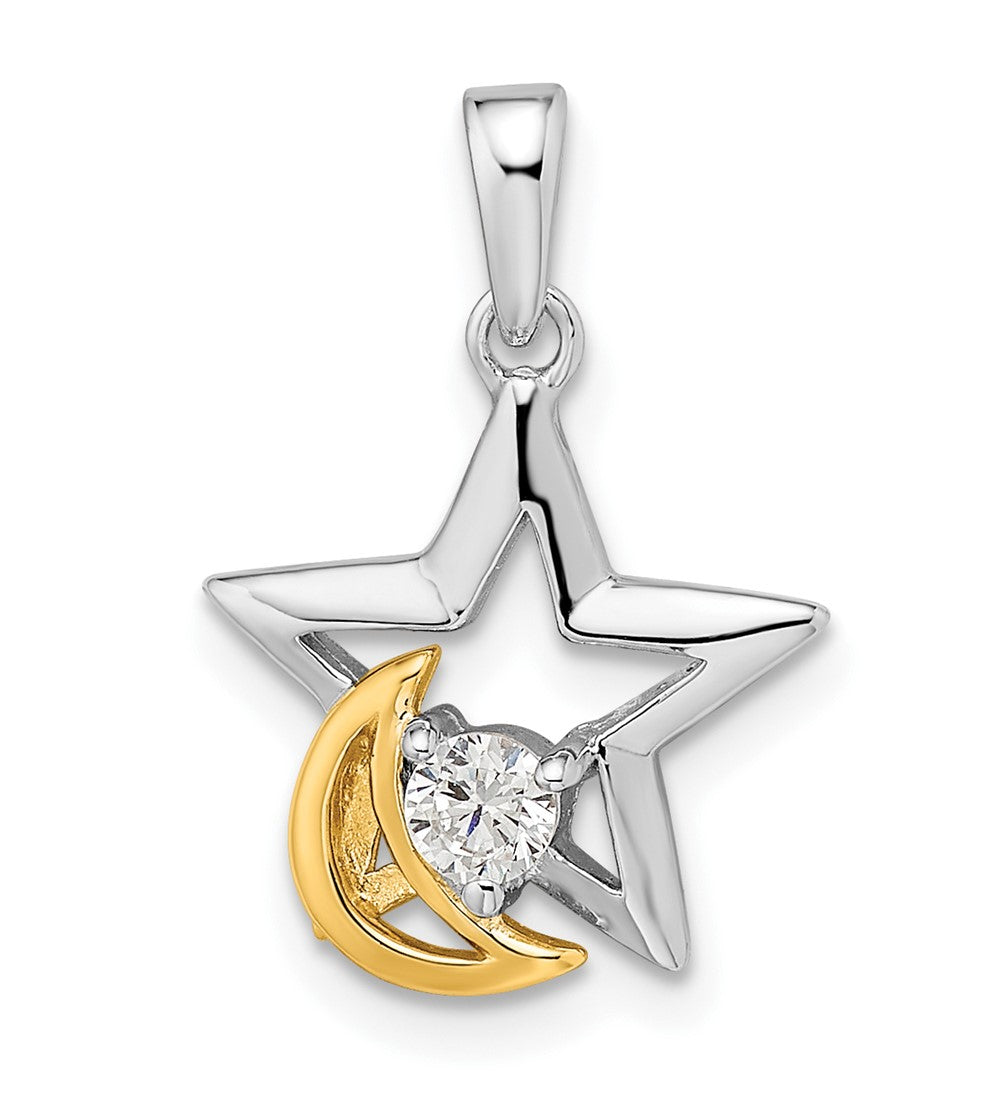 Sterling Silver RH-plated & Gold-plated Star and Moon CZ Pendant