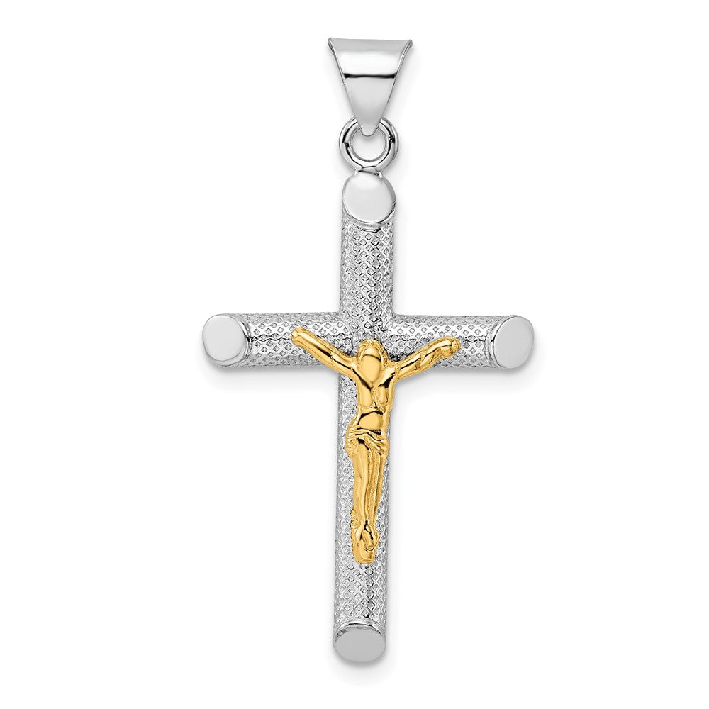 Sterling Silver RH-plate & Gold-tone Polished & Textured Crucifix Pendant
