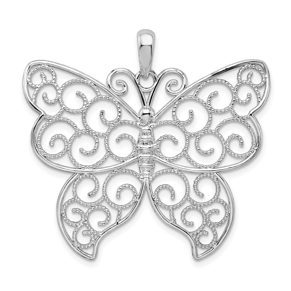 Sterling Silver Polished Large Beaded Filigree Butterfly Pendant