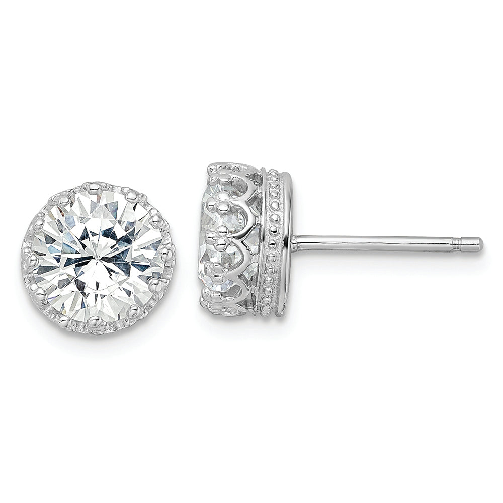 Sterling Silver Cheryl M Rhodium-plated 8mm CZ Crown Post Earrings