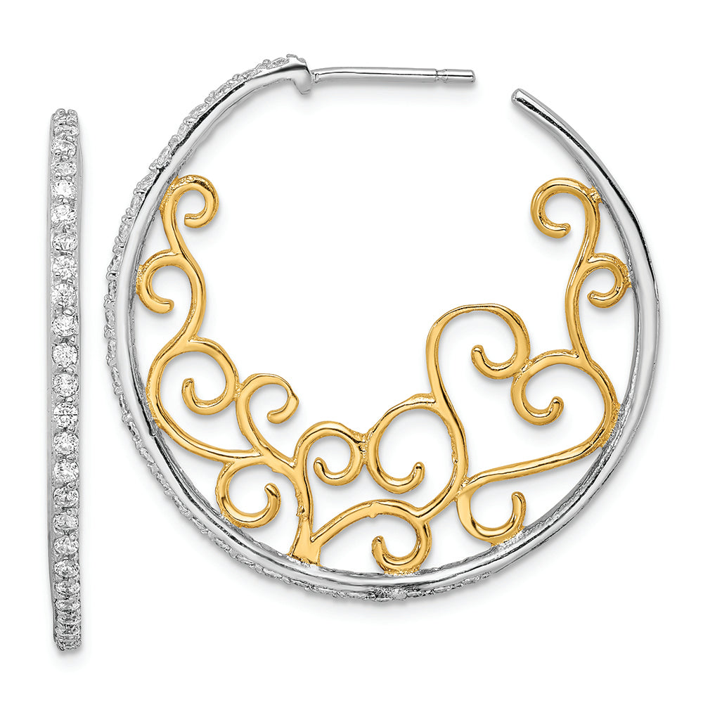 Sterling Silver Cheryl M Rhod-pl and Gold-pl Swirl CZ Post Hoop Earrings