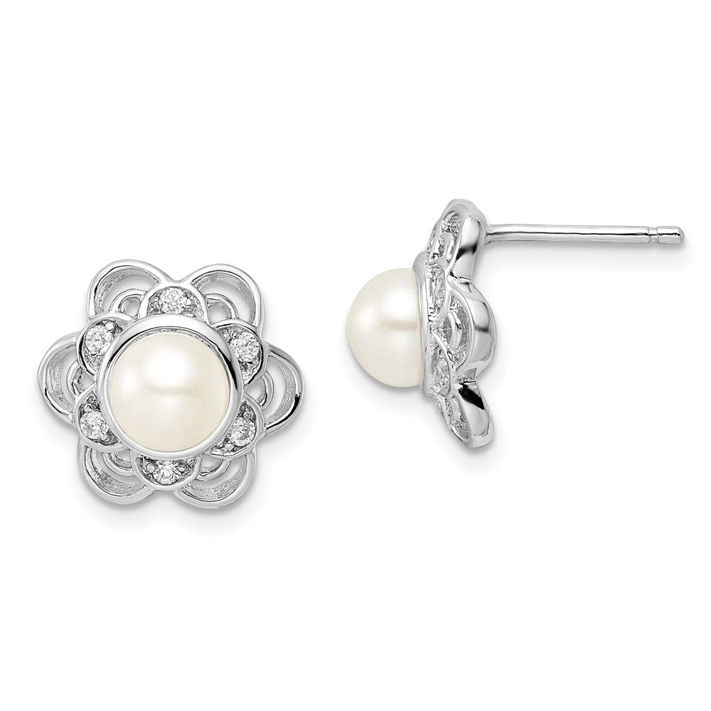 Sterling Silver Cheryl M Rhod-pl FWC Pearl & CZ Floral Post Earrings