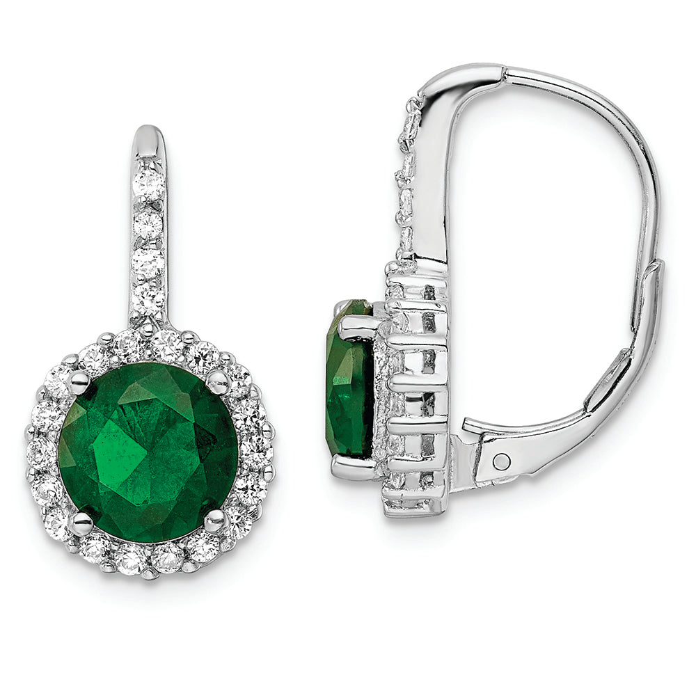 Sterling Silver Cheryl M Rhod-pl Imit Emerald & CZ Leverback Earrings