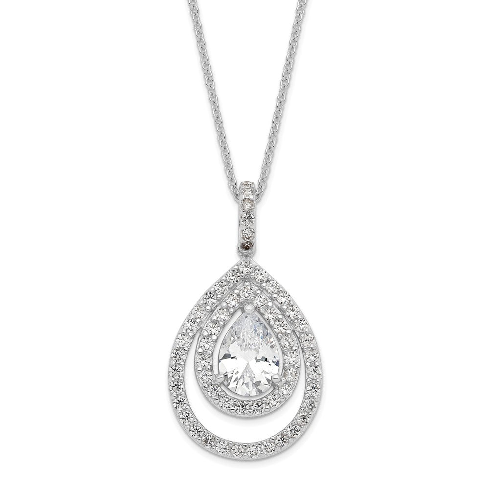 Sterling Silver Cheryl M Rh-p Double Frame CZ Pear Center Pendant Necklace