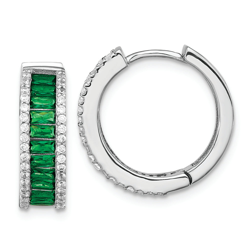 Sterling Silver Cheryl M Rhod-pl Green Crystal & CZ Hinged Hoops