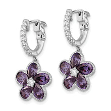 Load image into Gallery viewer, Sterling Silver Cheryl M Rh-p Purple CZ Flower Hinged Hoop Dangle Earrings
