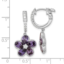 Load image into Gallery viewer, Sterling Silver Cheryl M Rh-p Purple CZ Flower Hinged Hoop Dangle Earrings
