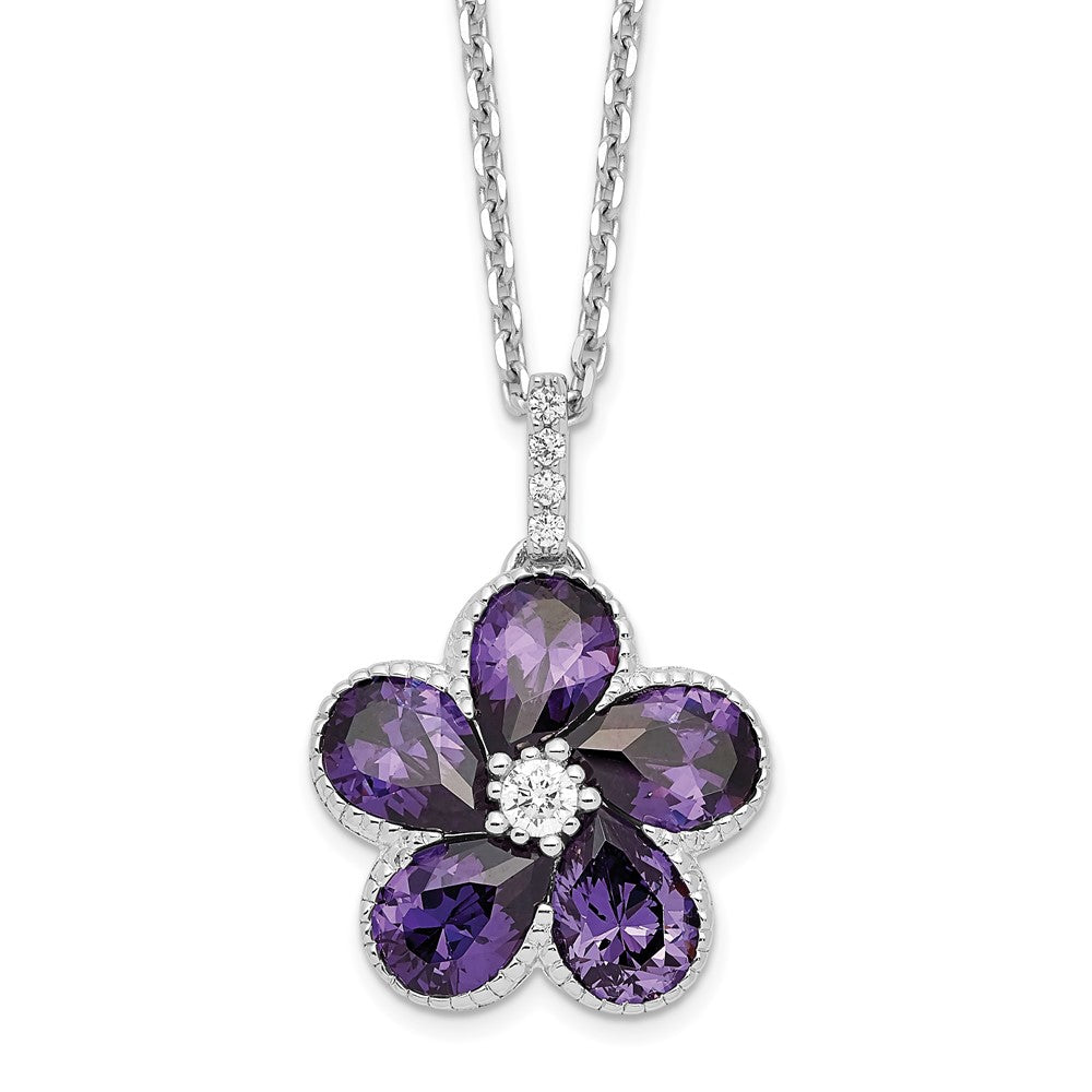 Sterling Silver Cheryl M Rh-p Purple CZ Flower with 2in ext. Necklace