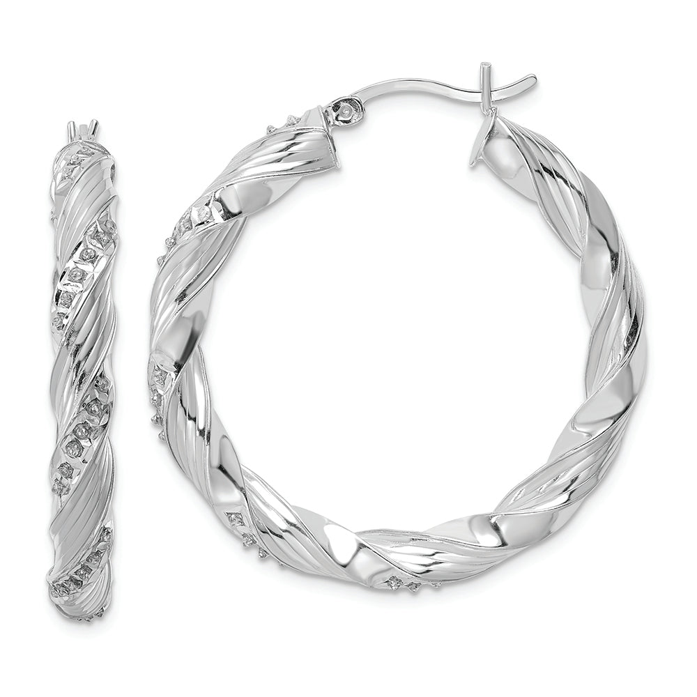 Sterling Silver Platinum-Plated Diamond Mystique Twisted Hoop Earrings