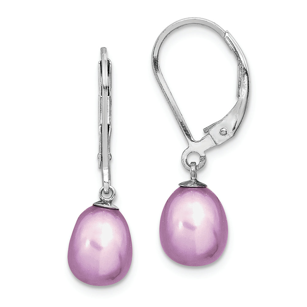 Sterling Silver Rhodium-plated 7-8mm Purple FWC Pearl Leverback Earrings