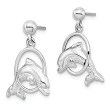 Load image into Gallery viewer, Sterling Silver Polished Dolphin in Hoop Dangle Post Earrings
