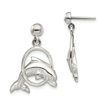Load image into Gallery viewer, Sterling Silver Polished Dolphin in Hoop Dangle Post Earrings
