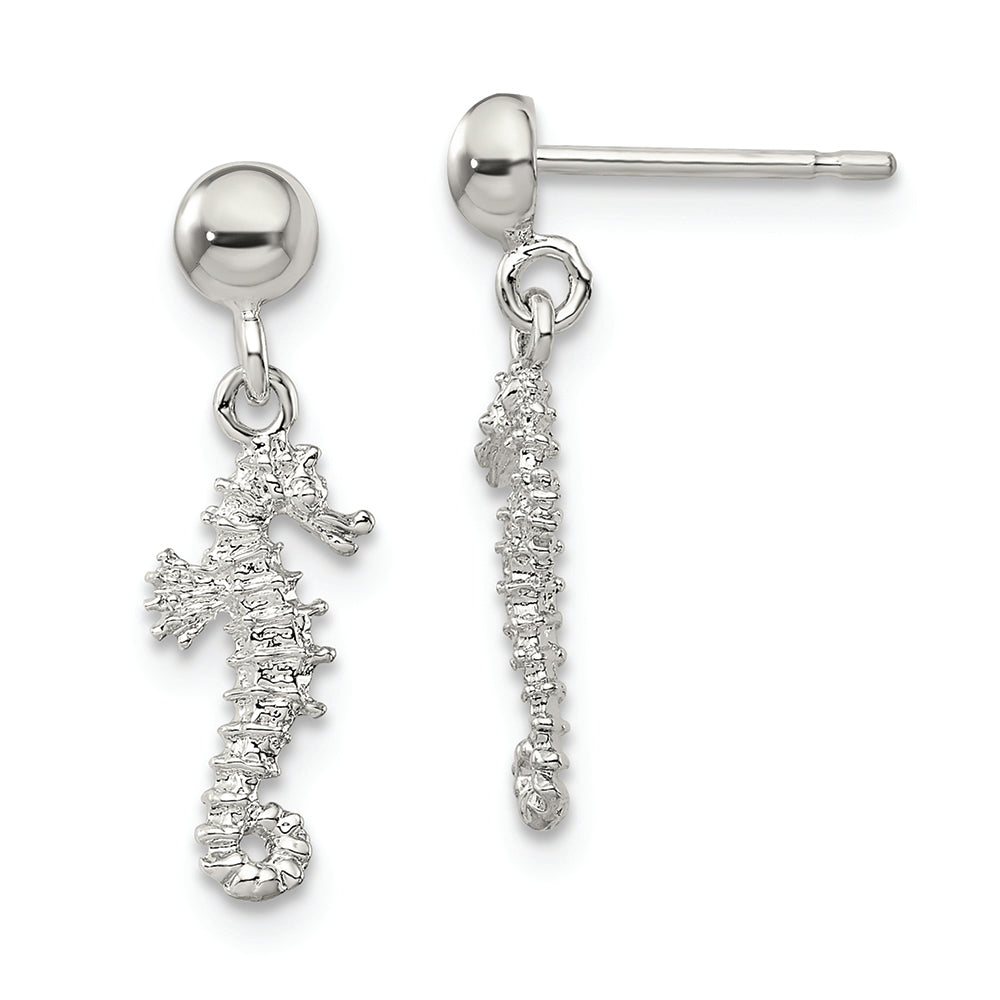 Sterling Silver Polished 3D Mini Seahorse Dangle Post Earrings