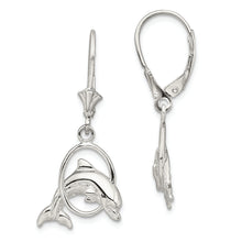 Load image into Gallery viewer, Sterling Silver Polished Dolphin in Hoop Leverback Earrings
