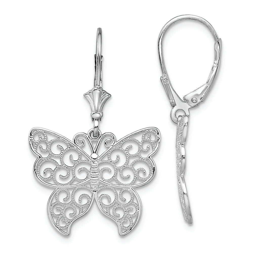 Sterling Silver Polished Filigree Butterfly Leverback Earrings