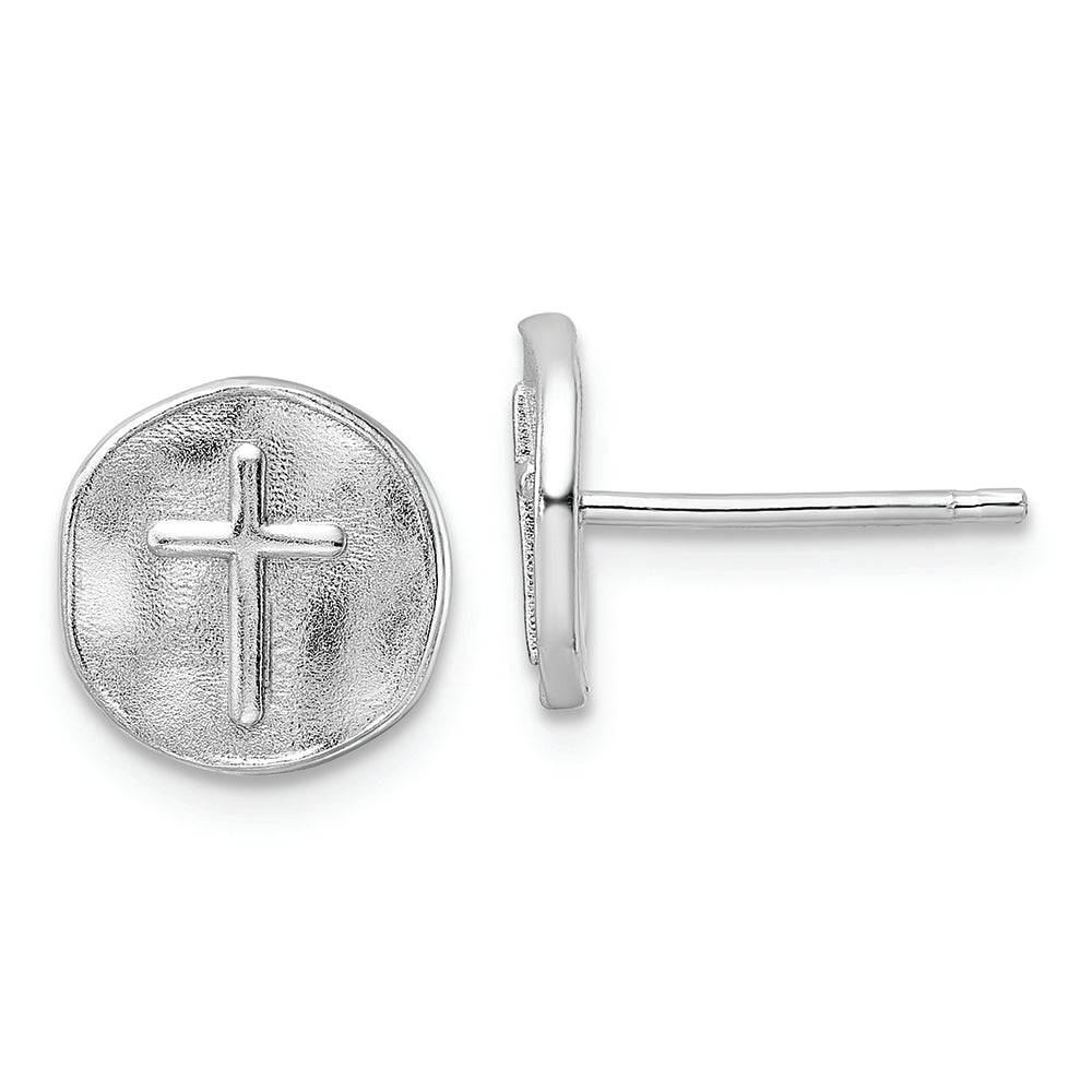 Sterling Silver Rhodium-plated Cross in Satin Circle Post Earrings