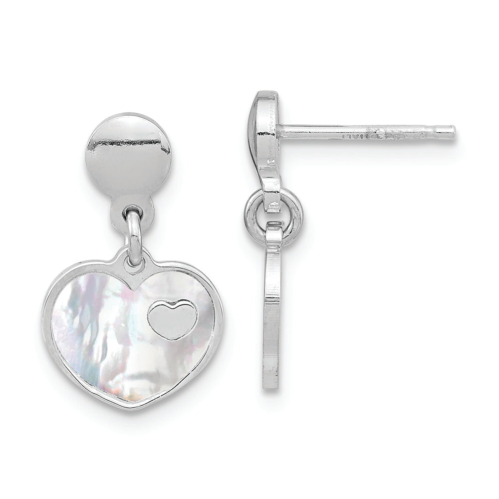 Sterling Silver Rhodium-plated Mother of Pearl Heart Post Dangle Earrings