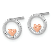 Load image into Gallery viewer, Sterling Silver RH-plated &amp; Rose Gold-plated Circle w/Heart Post Earrings
