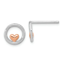 Load image into Gallery viewer, Sterling Silver RH-plated &amp; Rose Gold-plated Circle w/Heart Post Earrings
