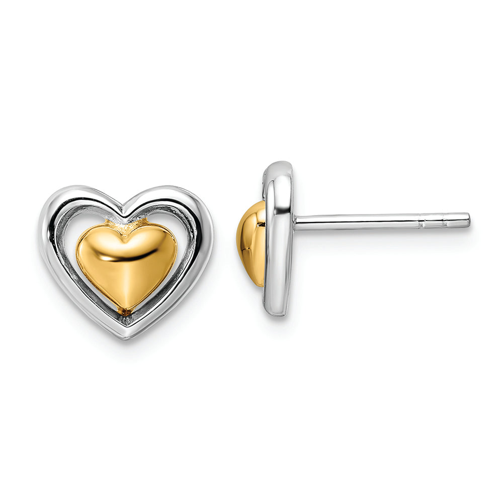 Sterling Silver RH-plated & Gold-plated Heart Post Earrings