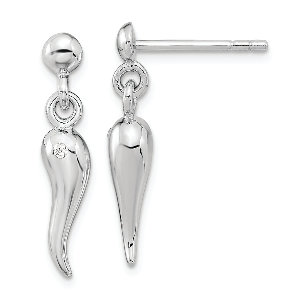 Sterling Silver RH-plated Polish CZ Italian Horn Dangle Post Earrings