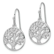 Load image into Gallery viewer, Sterling Silver Rhodium-plated Dangle Polished CZ Tree of Life Earrings
