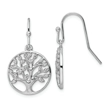 Load image into Gallery viewer, Sterling Silver Rhodium-plated Dangle Polished CZ Tree of Life Earrings
