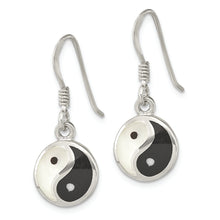 Load image into Gallery viewer, Sterling Silver Mother of Pearl and Black Resin Yin Yang Dangle Earrings
