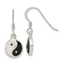 Load image into Gallery viewer, Sterling Silver Mother of Pearl and Black Resin Yin Yang Dangle Earrings
