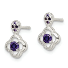 Load image into Gallery viewer, Sterling Silver Polished Purple CZ Flower Post Dangle Earrings
