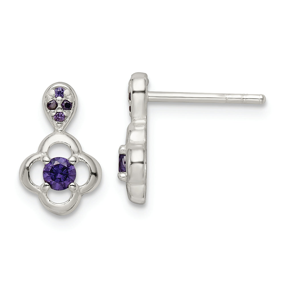 Sterling Silver Polished Purple CZ Flower Post Dangle Earrings