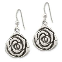 Load image into Gallery viewer, Sterling Silver Polished Antiqued Rose Dangle Earrings
