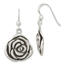 Load image into Gallery viewer, Sterling Silver Polished Antiqued Rose Dangle Earrings
