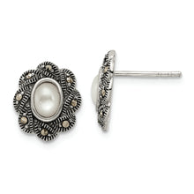 Load image into Gallery viewer, Sterling Silver Antiqued Marcasite &amp; MOP Post Earrings
