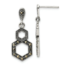 Load image into Gallery viewer, Sterling Silver Antiqued Marcasite Hexagon Post Dangle Earrings
