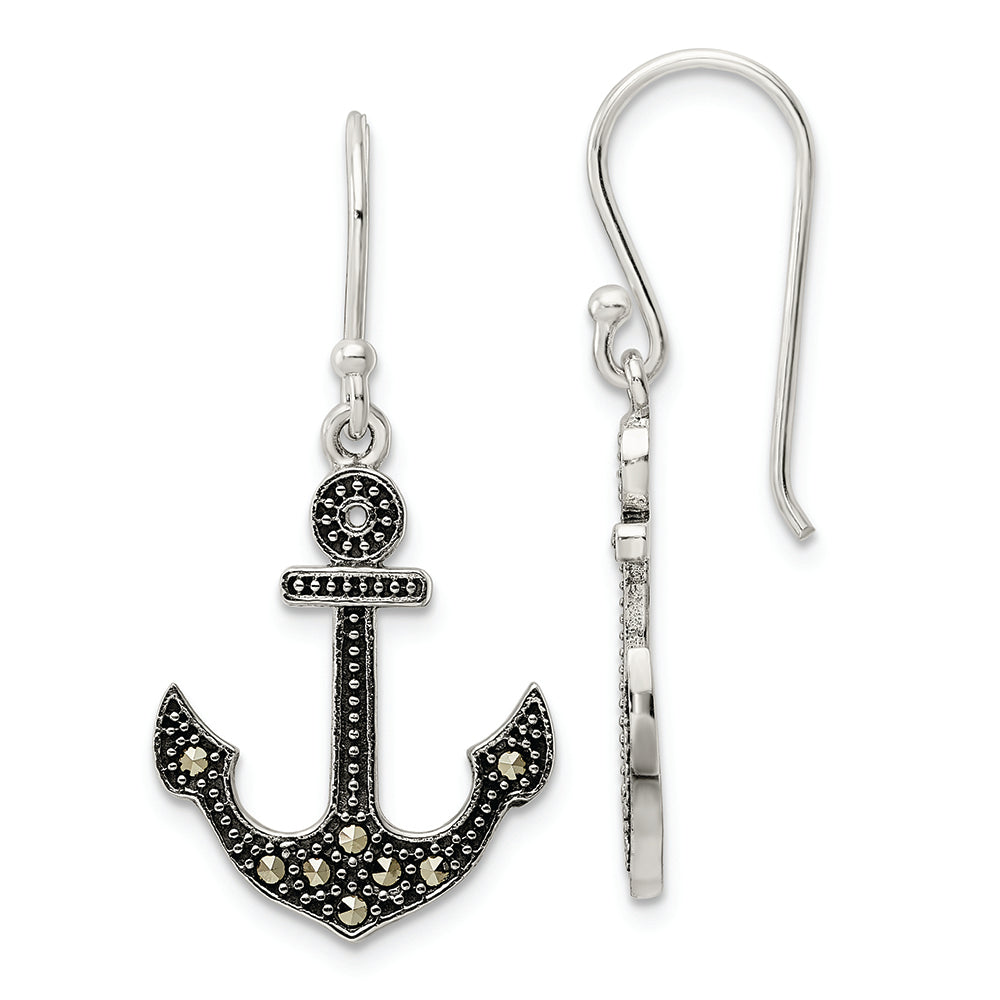 Sterling Silver Antiqued Marcasite Anchor Shepherd Hook Earrings