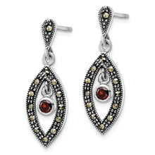Load image into Gallery viewer, Sterling Silver Antiqued Marcasite &amp; Red Glass Stone Post Dangle Earrings
