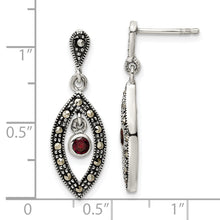 Load image into Gallery viewer, Sterling Silver Antiqued Marcasite &amp; Red Glass Stone Post Dangle Earrings
