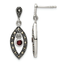 Load image into Gallery viewer, Sterling Silver Antiqued Marcasite &amp; Red Glass Stone Post Dangle Earrings

