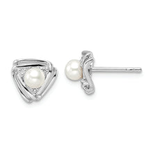Load image into Gallery viewer, Sterling Silver Rhodium-plated FWC Pearl and CZ Triangle Post Earrings
