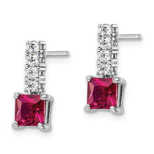 Load image into Gallery viewer, Sterling Silver Rhodium-plated Created Ruby and CZ Post Dangle Earrings
