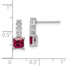 Load image into Gallery viewer, Sterling Silver Rhodium-plated Created Ruby and CZ Post Dangle Earrings
