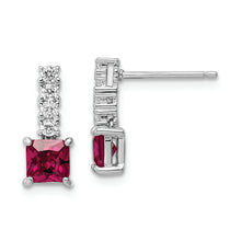 Load image into Gallery viewer, Sterling Silver Rhodium-plated Created Ruby and CZ Post Dangle Earrings
